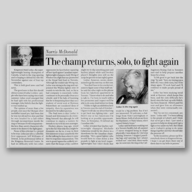 ON THIS DATE in 1993: Mark Leduc, who at the time had been training out of the historic Cabbagetown Boxing Club in Toronto's east end, prepares for this final professional fight against Michel Galarneau.
