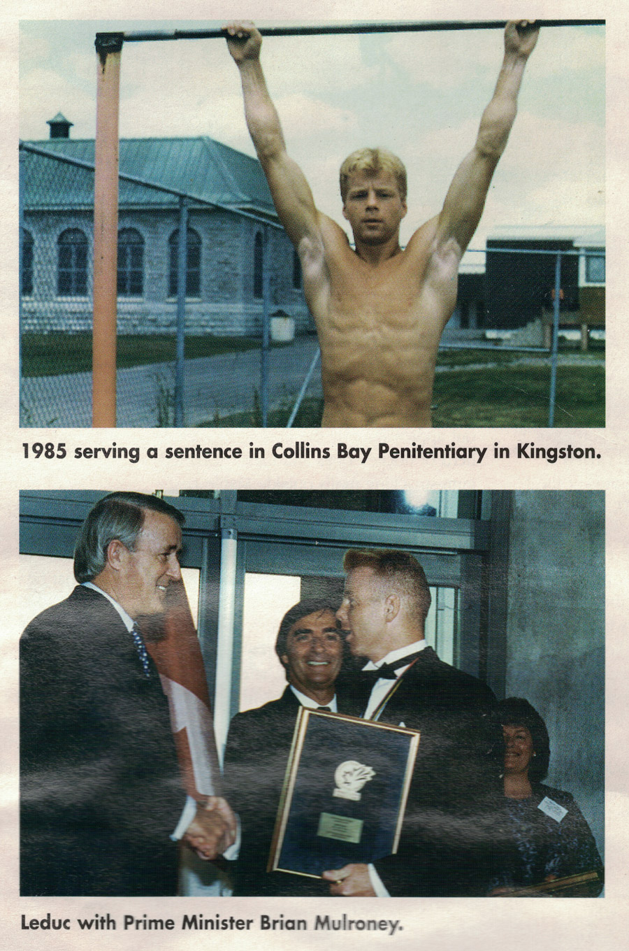 mark-mulrooney two images stacked on top of each other - the first showing mark leduc training whilst incarcerated at collins bay penitentiary and the second showing mark receiving the key to the city of kingston from prime minister brian mulroney
